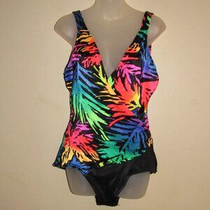 Vintage 90s Le Cove Neon Tropical Print Faux Wrap One Piece Swim Suit Women's 16